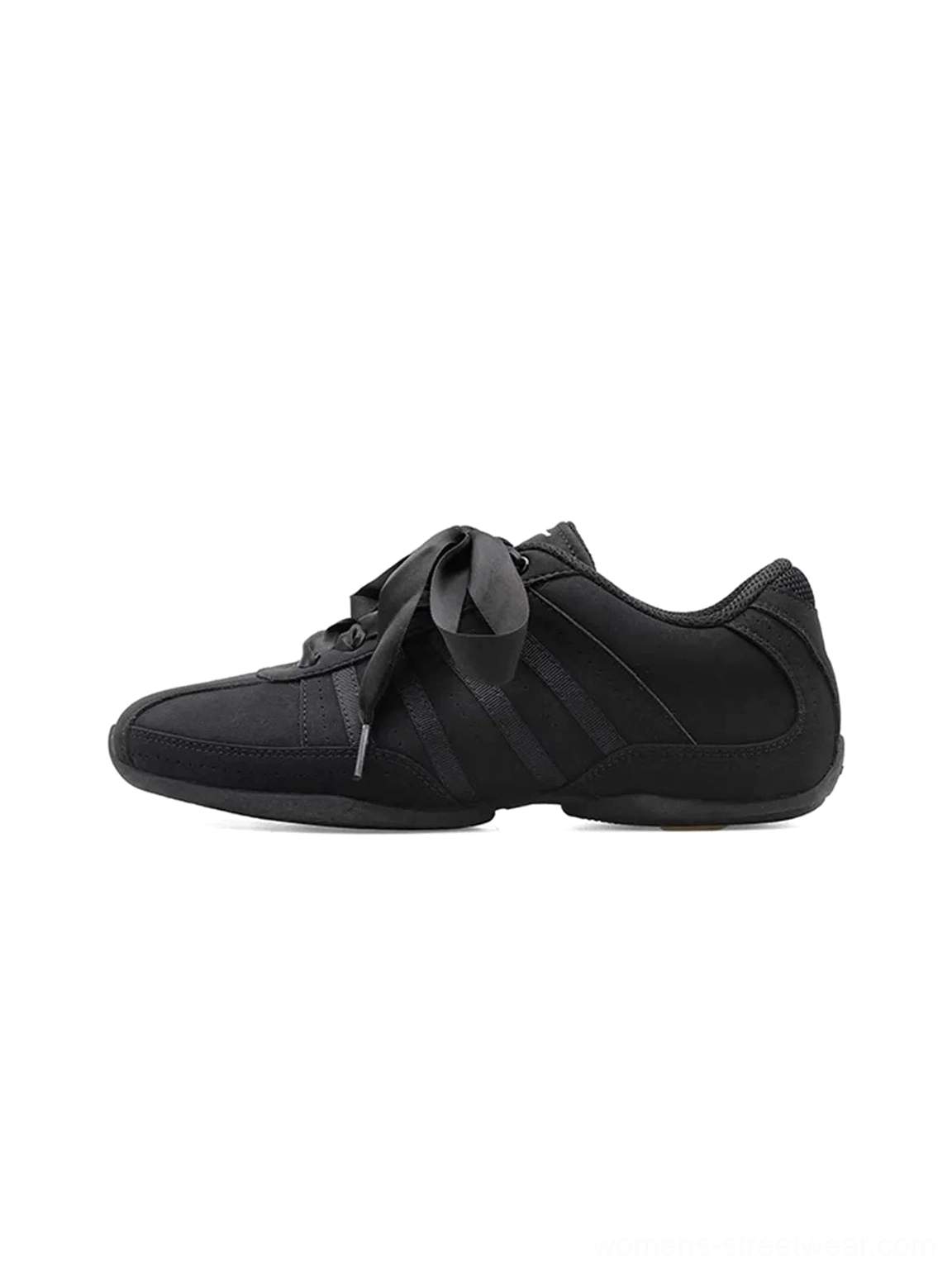 Black ribbon lace minimalist sneakers shown in a left-side flat product view with satin ribbon laces, matte black finish, rounded toe, and slim rubber sole