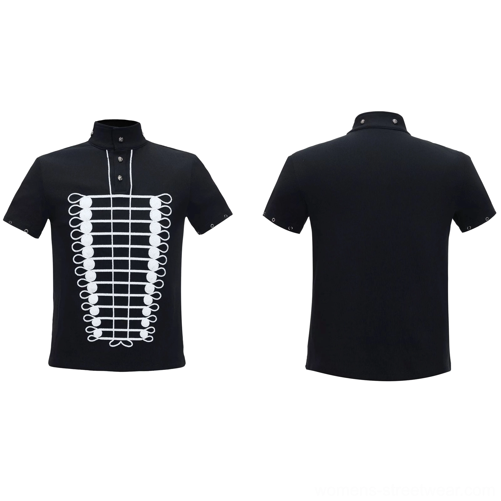 Black ribcage embroidered stand collar short sleeve polo top front and back flat lay product view