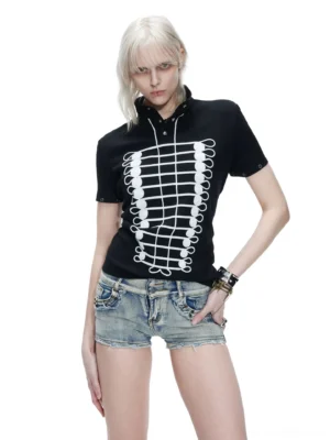 Black ribcage embroidered stand collar streetwear polo top worn with distressed denim shorts in front three-quarter view