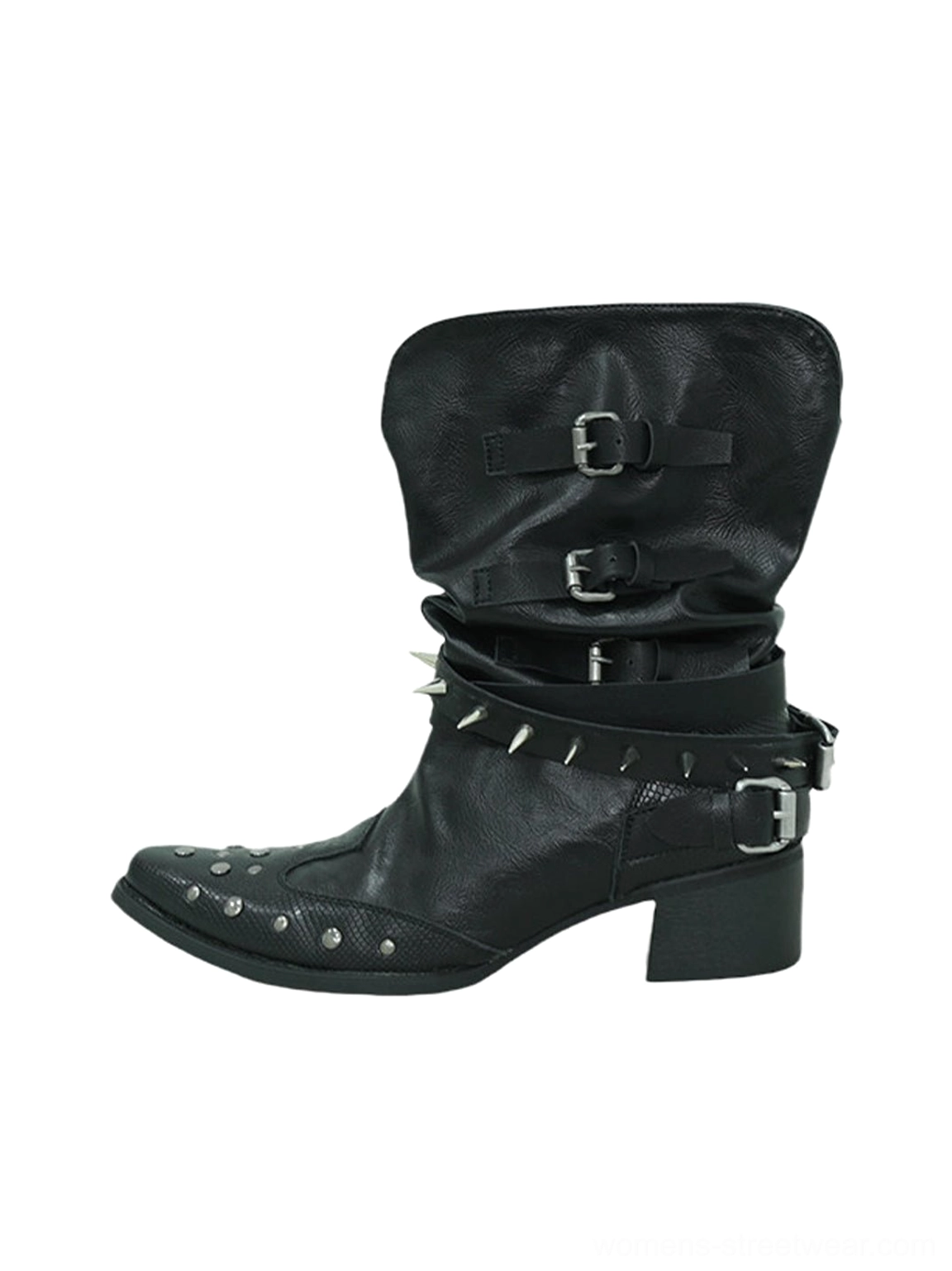 Black pointed-toe ankle boots with silver rivets triple buckle straps slouchy shaft and low block heel on a white background