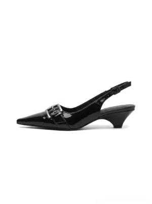 Black rivet buckle pointed-toe slingback kitten heels in glossy black finish shown in an overhead studio product view