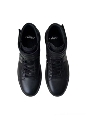 Black rivet strap leather high-top sneakers with 3 cm hidden lift shown in a front top-down pair view