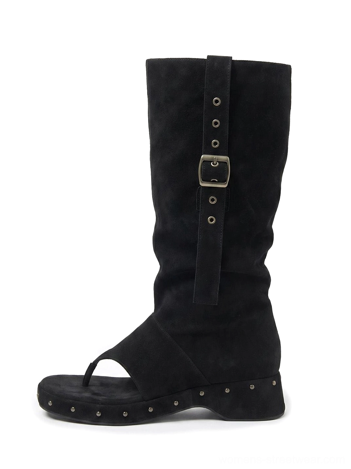 Black rivet thong low-wedge mid-calf sandal boots front product view with slouchy microfiber shaft and open toe