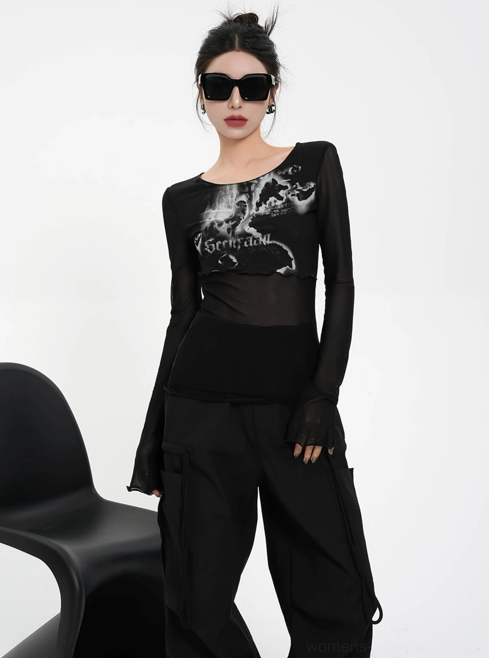 Black romantic floral print sheer mesh long sleeve crop top with fitted Y2K streetwear silhouette
