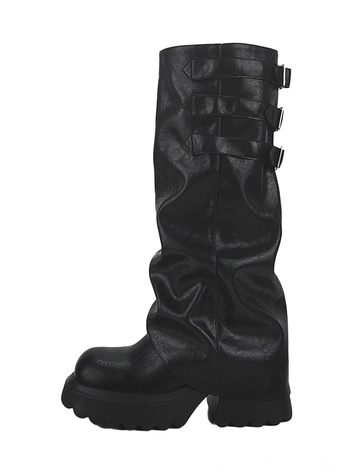 Black ruched buckle knee-high chunky platform boots in matte faux leather shown from the front left on a white background