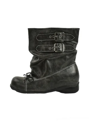 Black ruched buckle lace-up mid-calf biker boots in distressed-look dark finish shown from the left front