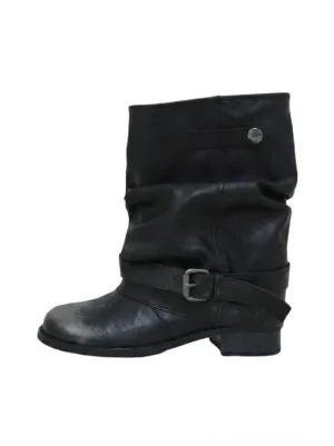 Black ruched buckle mid-calf block-heel streetwear boots with slouchy shaft and rounded toe shown from the front