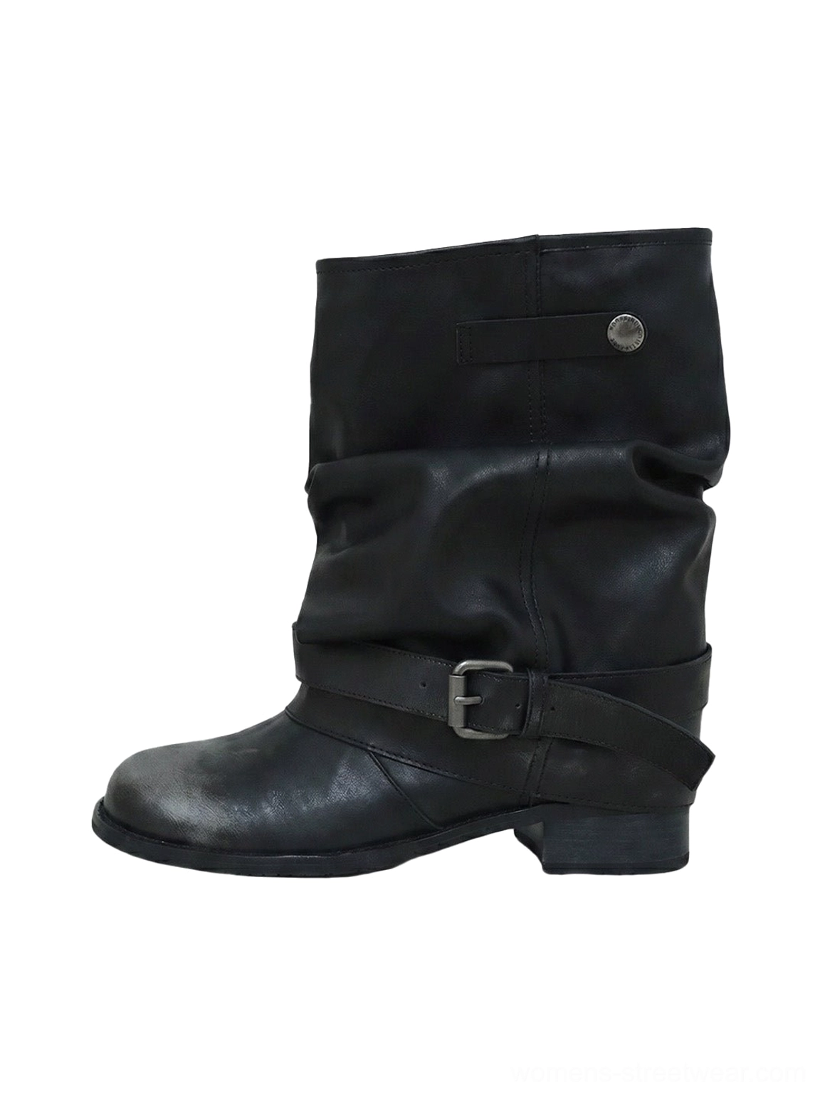 Black ruched buckle mid-calf block-heel streetwear boots with slouchy shaft and rounded toe shown from the front