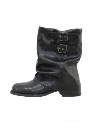 Black ruched buckle mid-calf streetwear boots front view with slouchy wrinkled shaft and rounded square toe