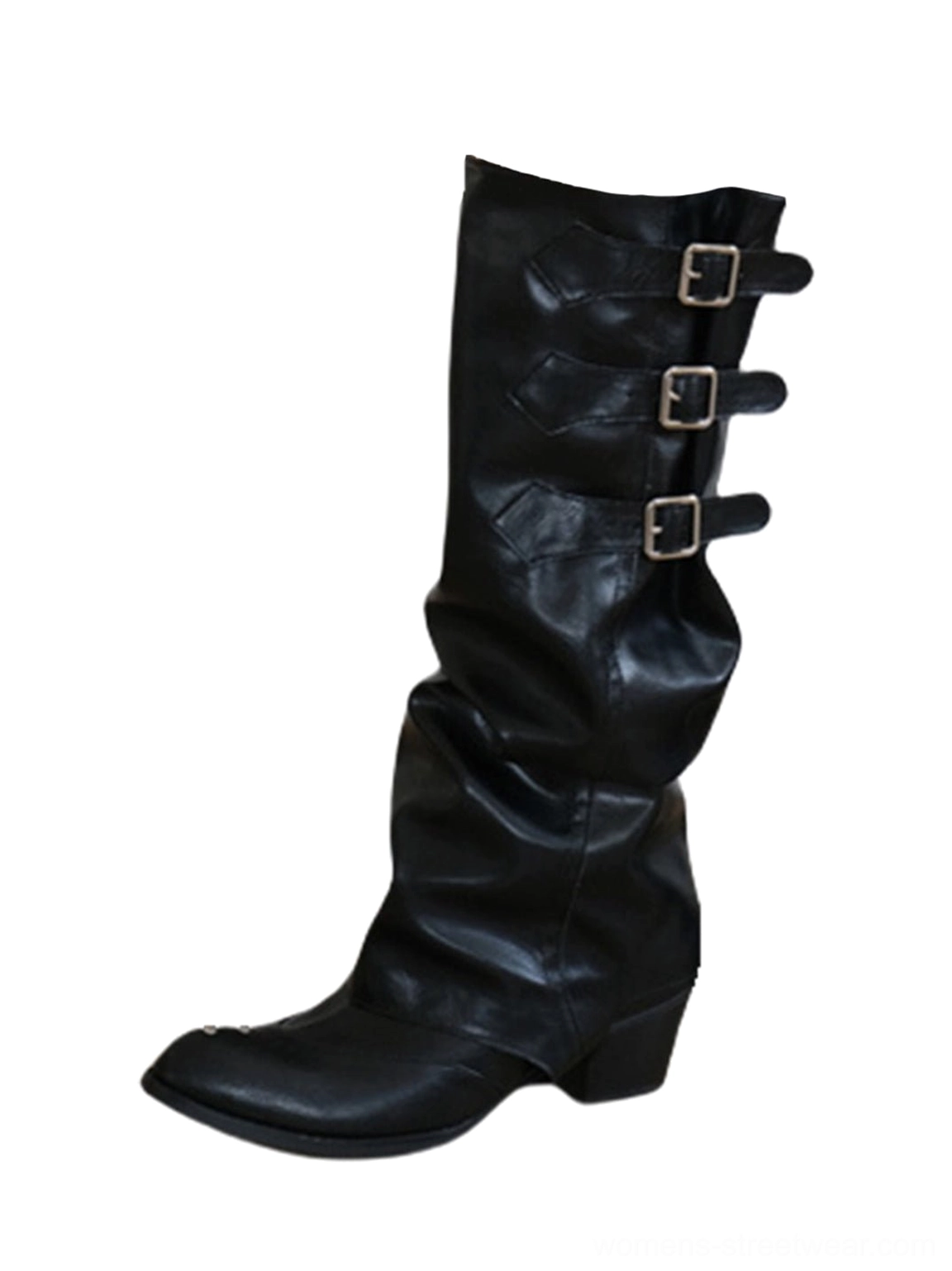 Black ruched buckle western knee-high boots with matte finish, triple metal straps, pointed toe, and low block heel