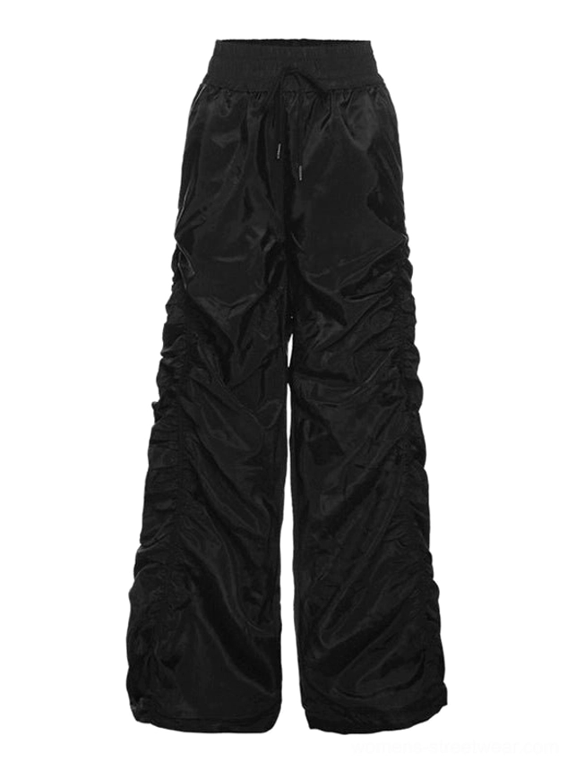 Black ruched high-waist wide-leg streetwear cargo pants with floor-length styling and adjustable elastic drawstring waistband