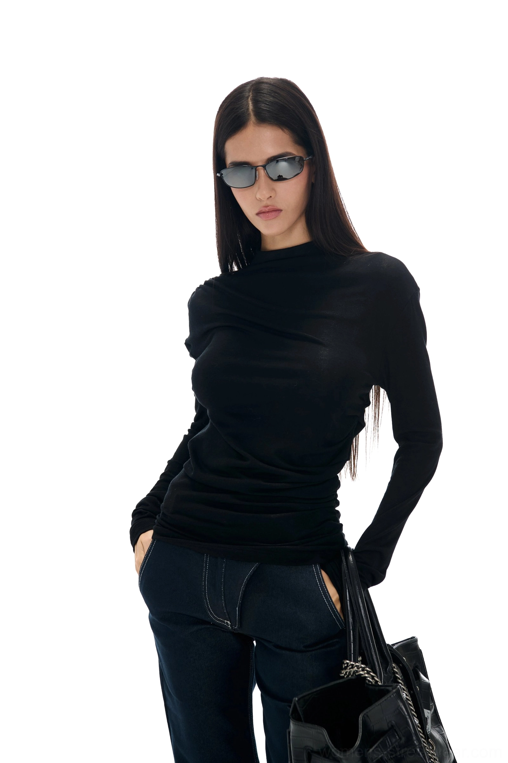 Black ruched mock neck Tencel wool knit long sleeve top with fitted silhouette and soft stretch knit construction