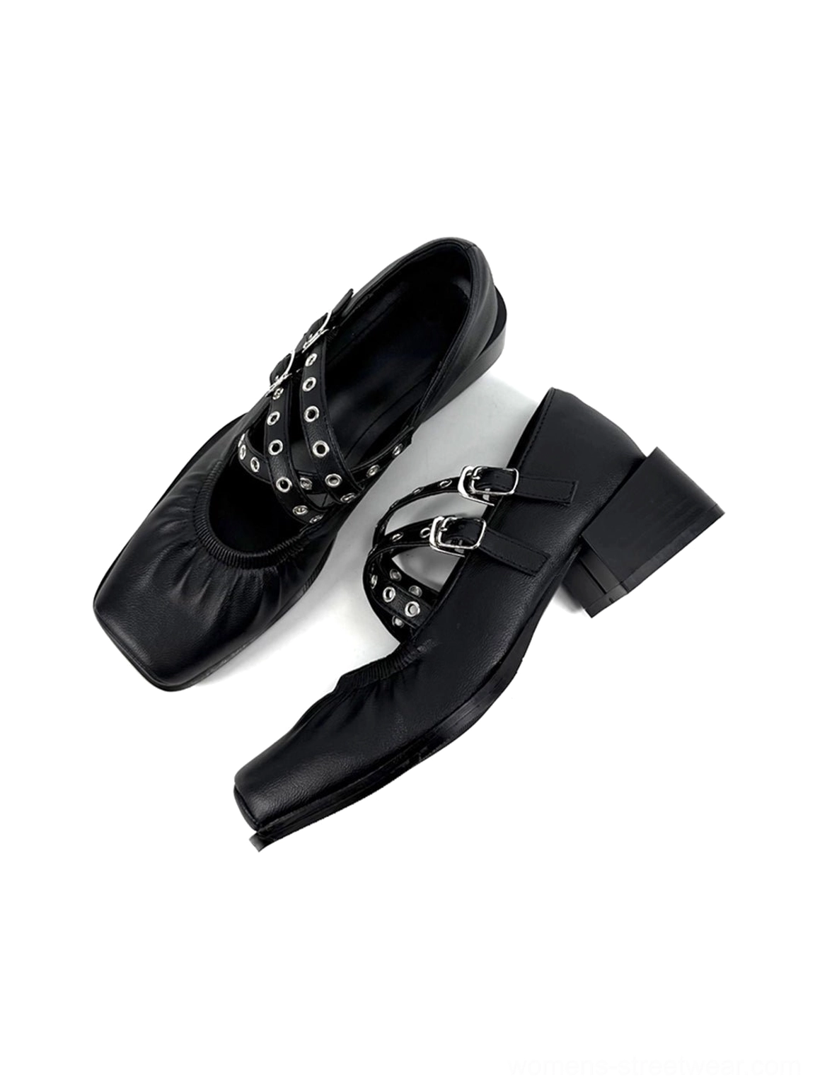 Overhead product view of black ruched square-toe Mary Jane flats with double silver grommet buckle straps