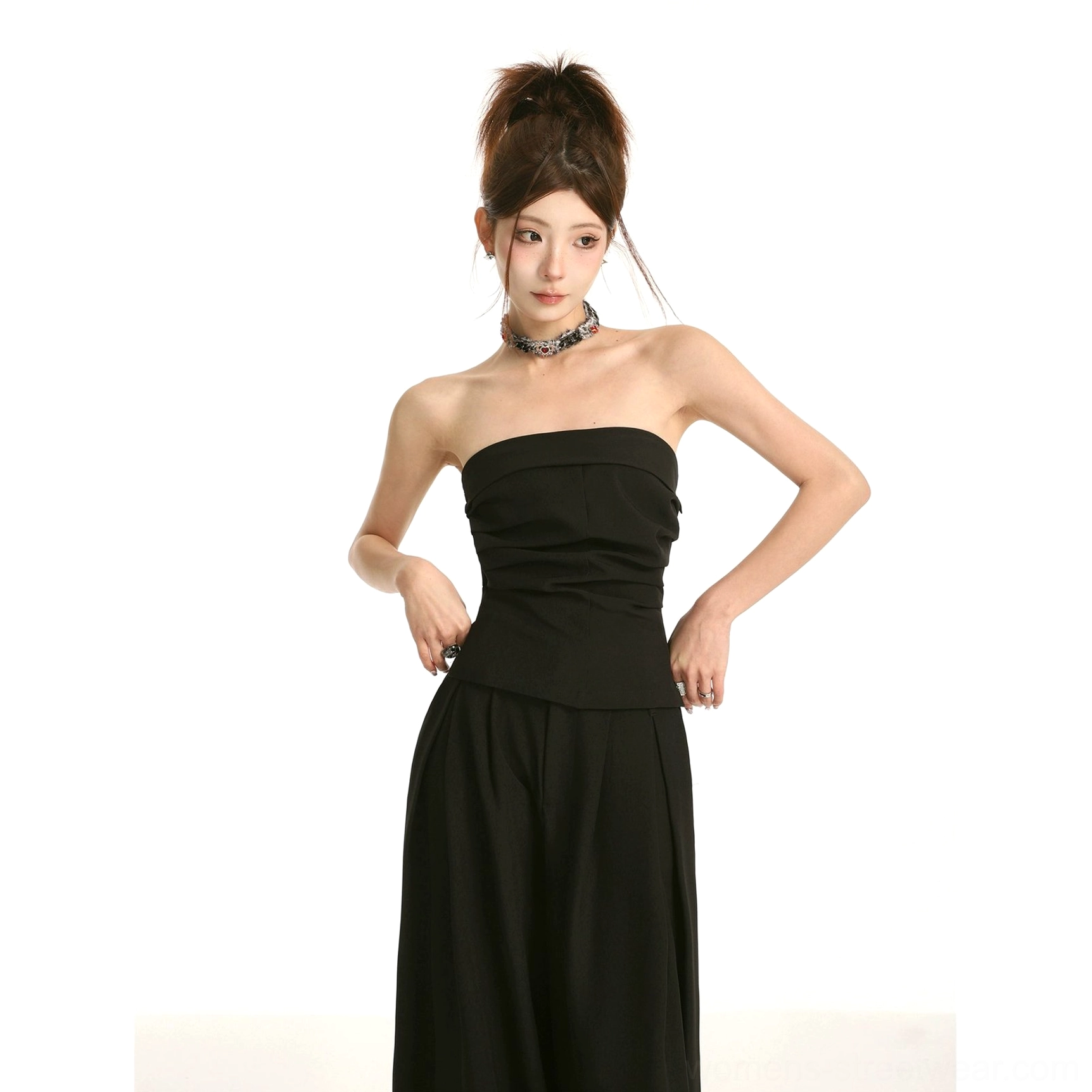 Black ruched strapless tube top with high-waist wide-leg trousers Seoul inspired streetwear outfit
