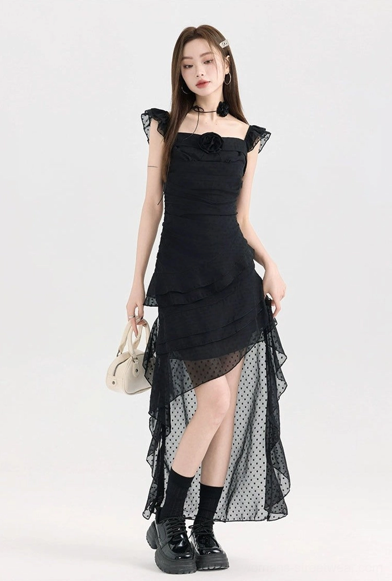 Black ruffle high-low midi dress featuring a slim fit silhouette, square neck ruffle straps, layered skirt, and floral chest decoration