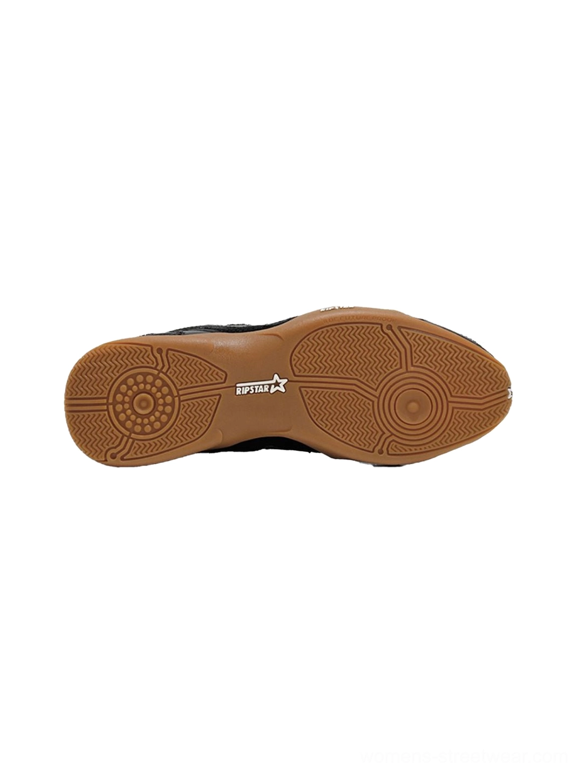 Bottom view of the gum brown rubber outsole on black runner sneakers showing circular traction pattern and grip design