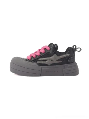Black samurai-inspired platform sneakers with hot pink laces, grey flame side detailing, and chunky layered rubber soles shown in a side studio view