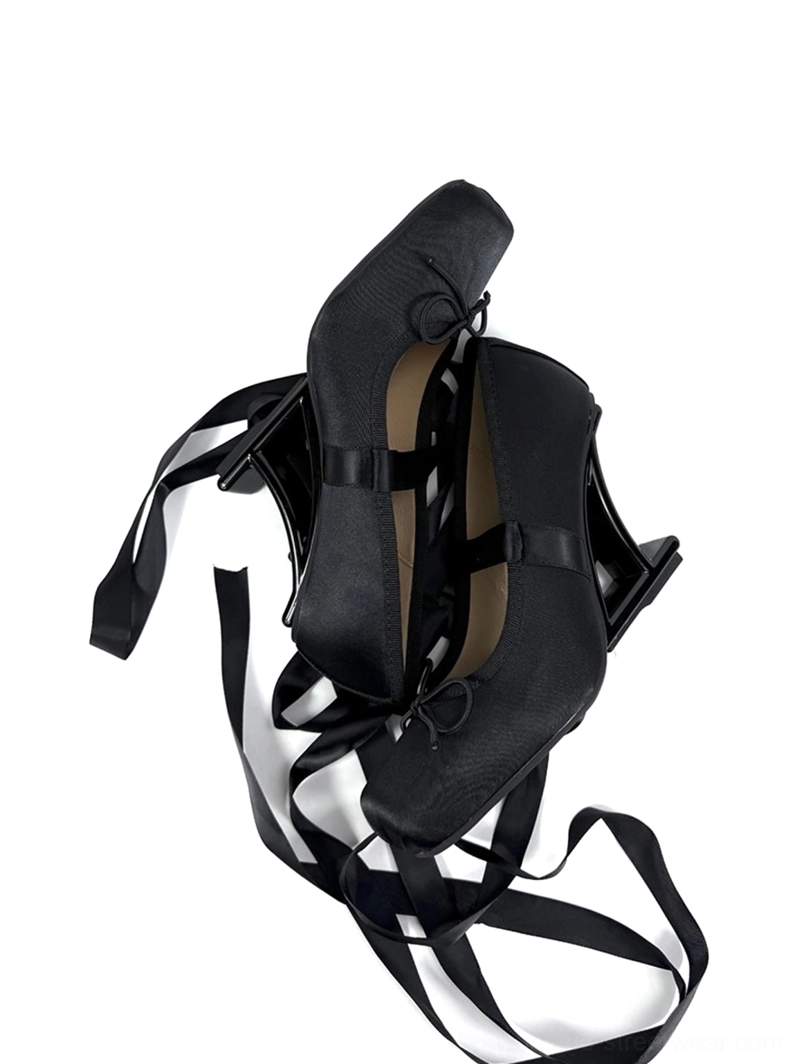 Black satin ankle strap pumps with front bow decoration, heart-shaped buckle, and 9 cm geometric sculptural heel