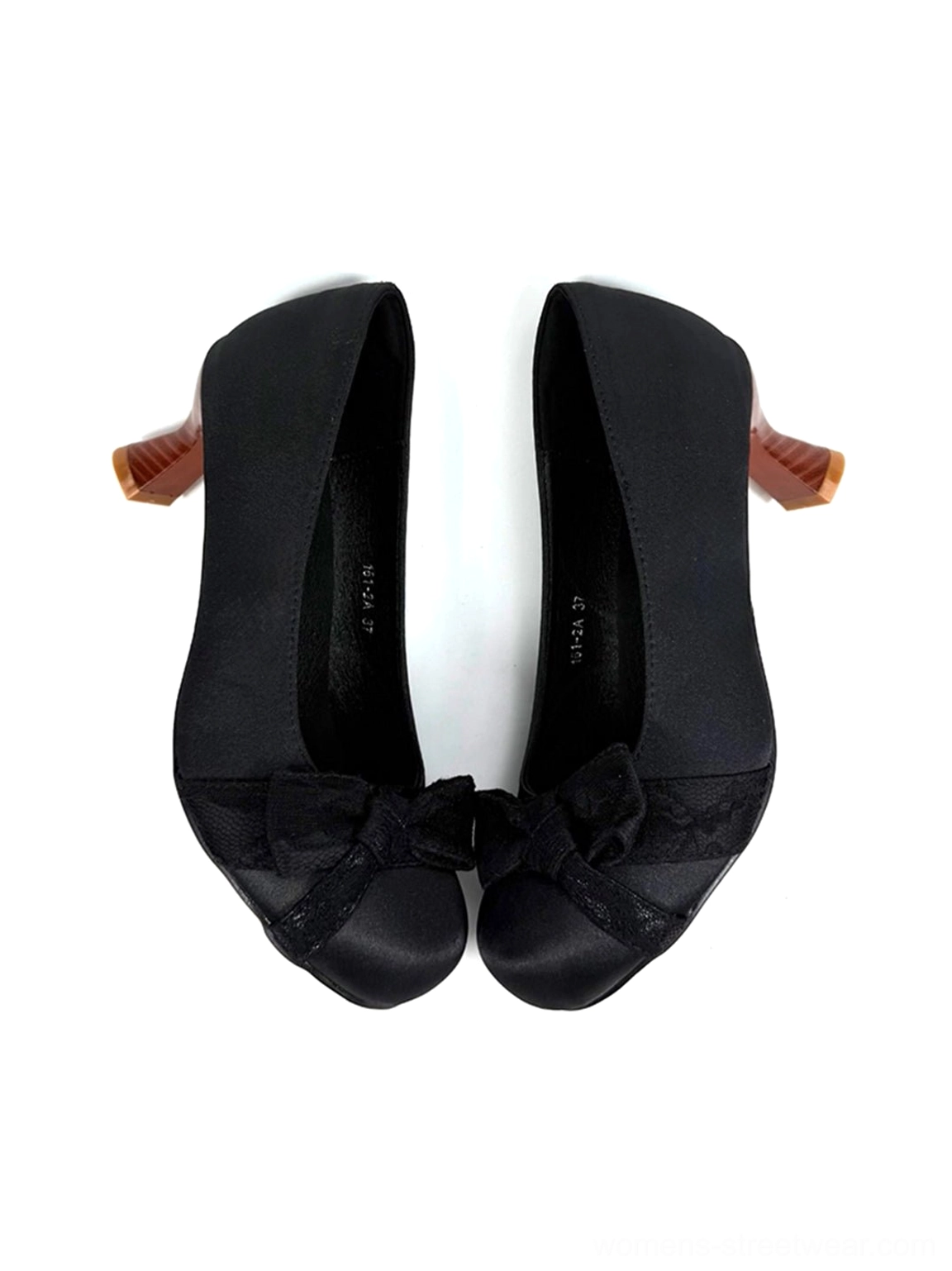 Black satin bow pumps with sculpted cup heels and rounded toe silhouette shown in a detailed product presentation