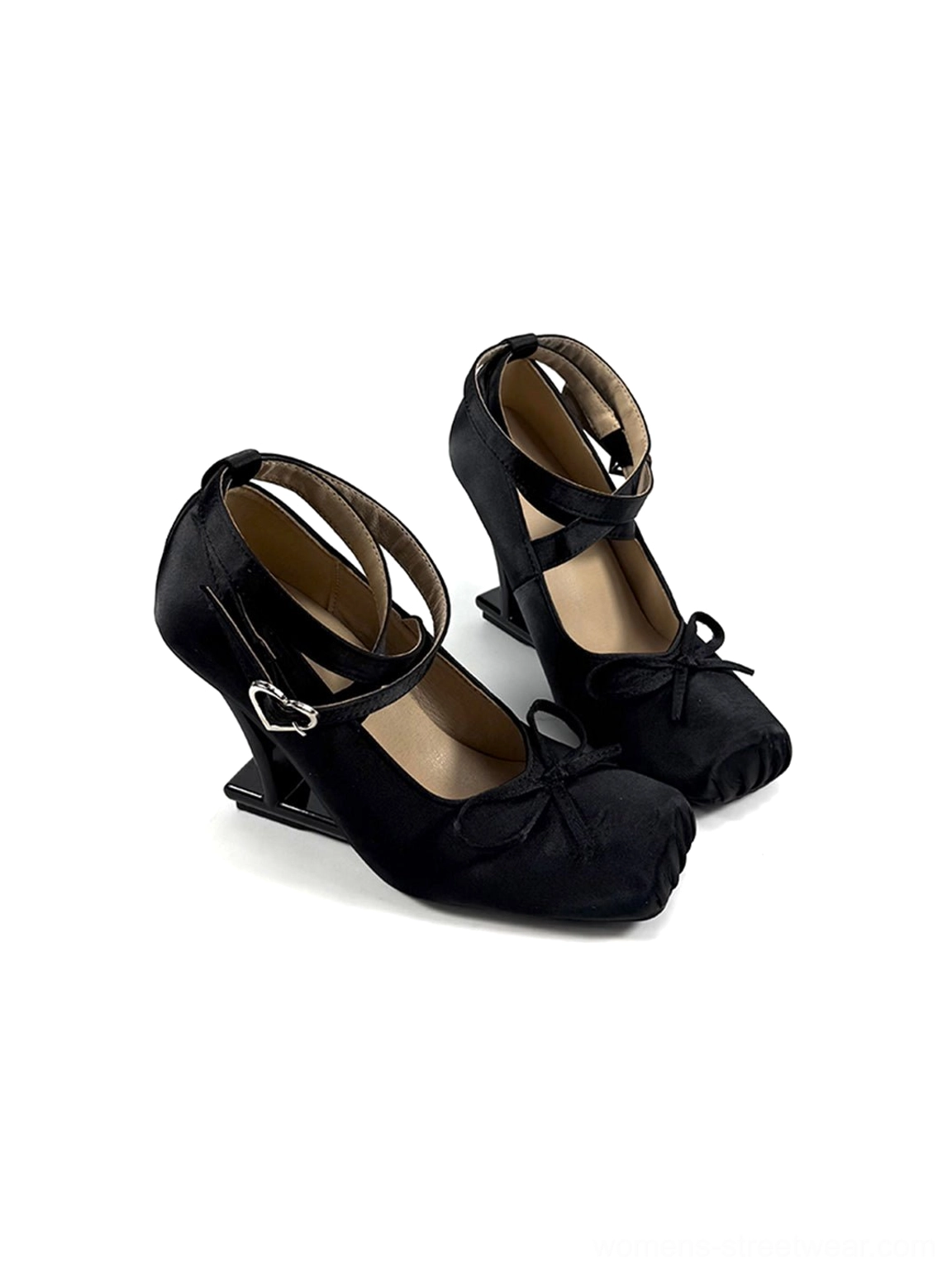 Side view of black satin bow strap pumps featuring a geometric sculptural heel, square toe, and heart-shaped ankle buckle