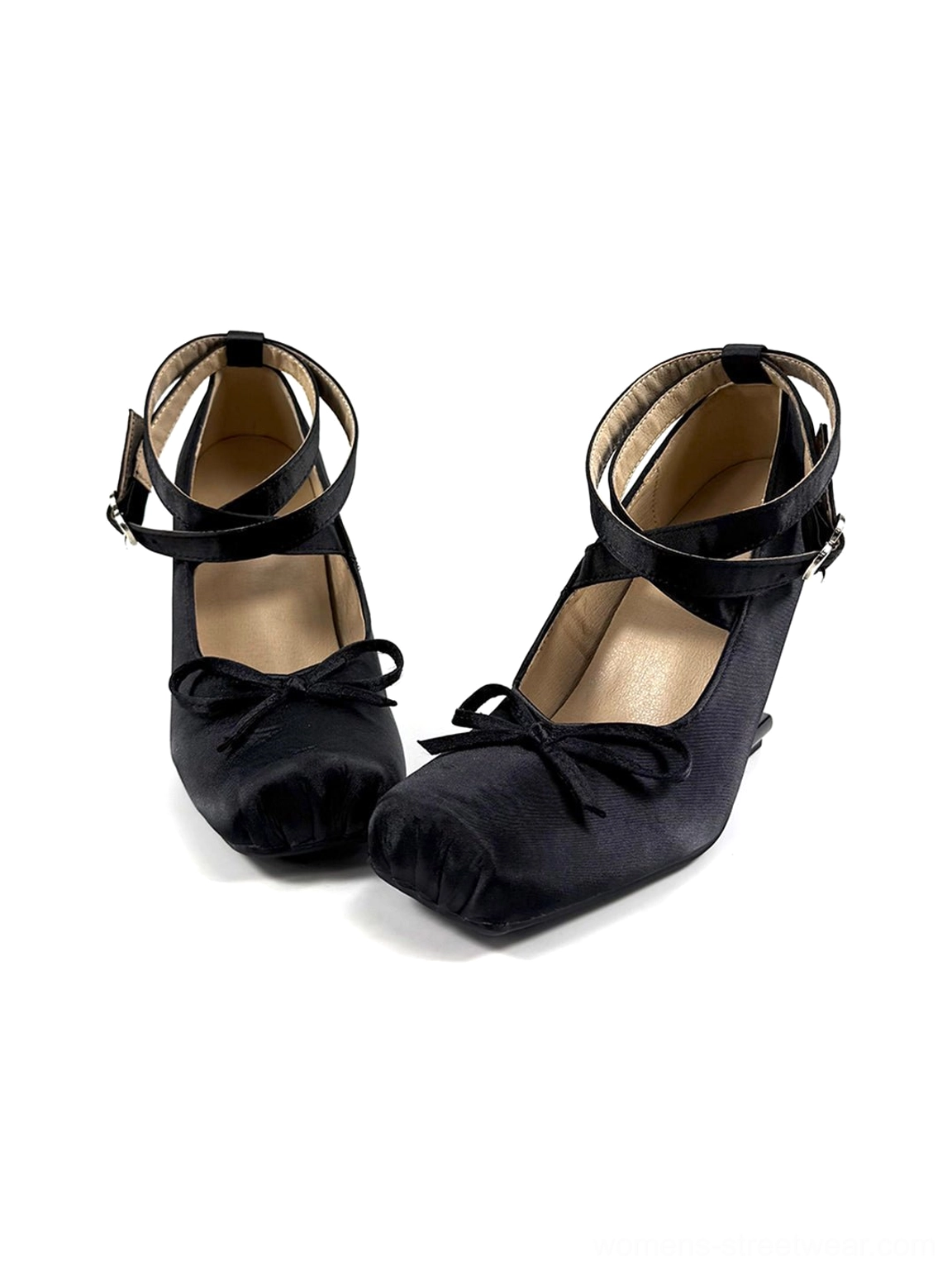 Pair of black satin pumps with double adjustable ankle straps, front bows, square toes, and distinctive sculptural heels