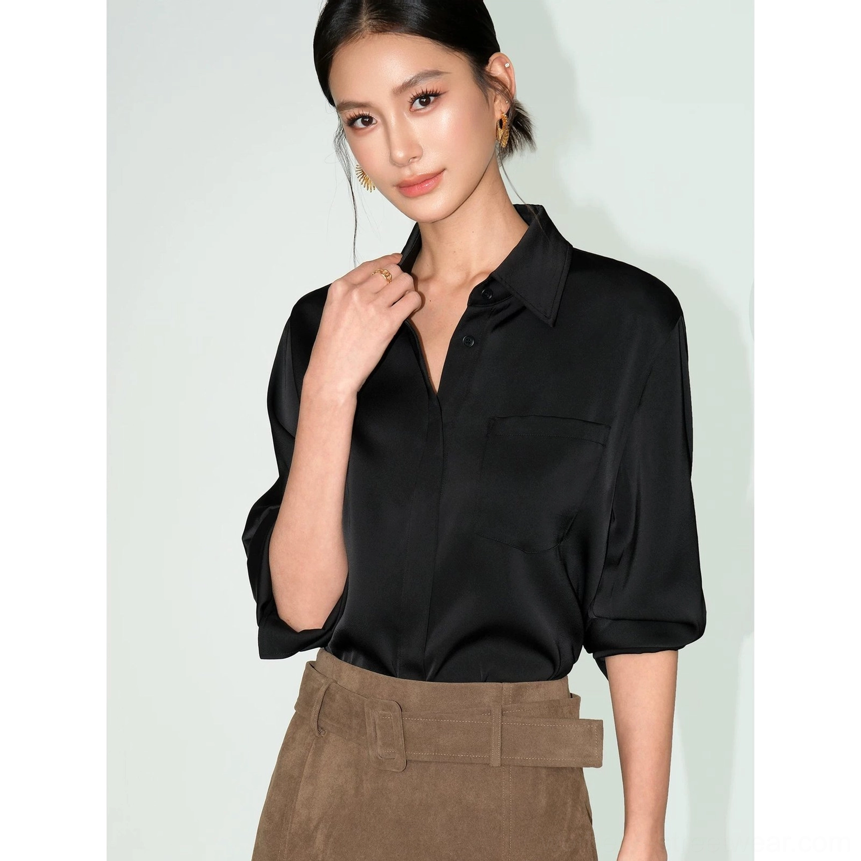 Black satin draped pocket shirt women's relaxed Korean streetwear long sleeve button up top