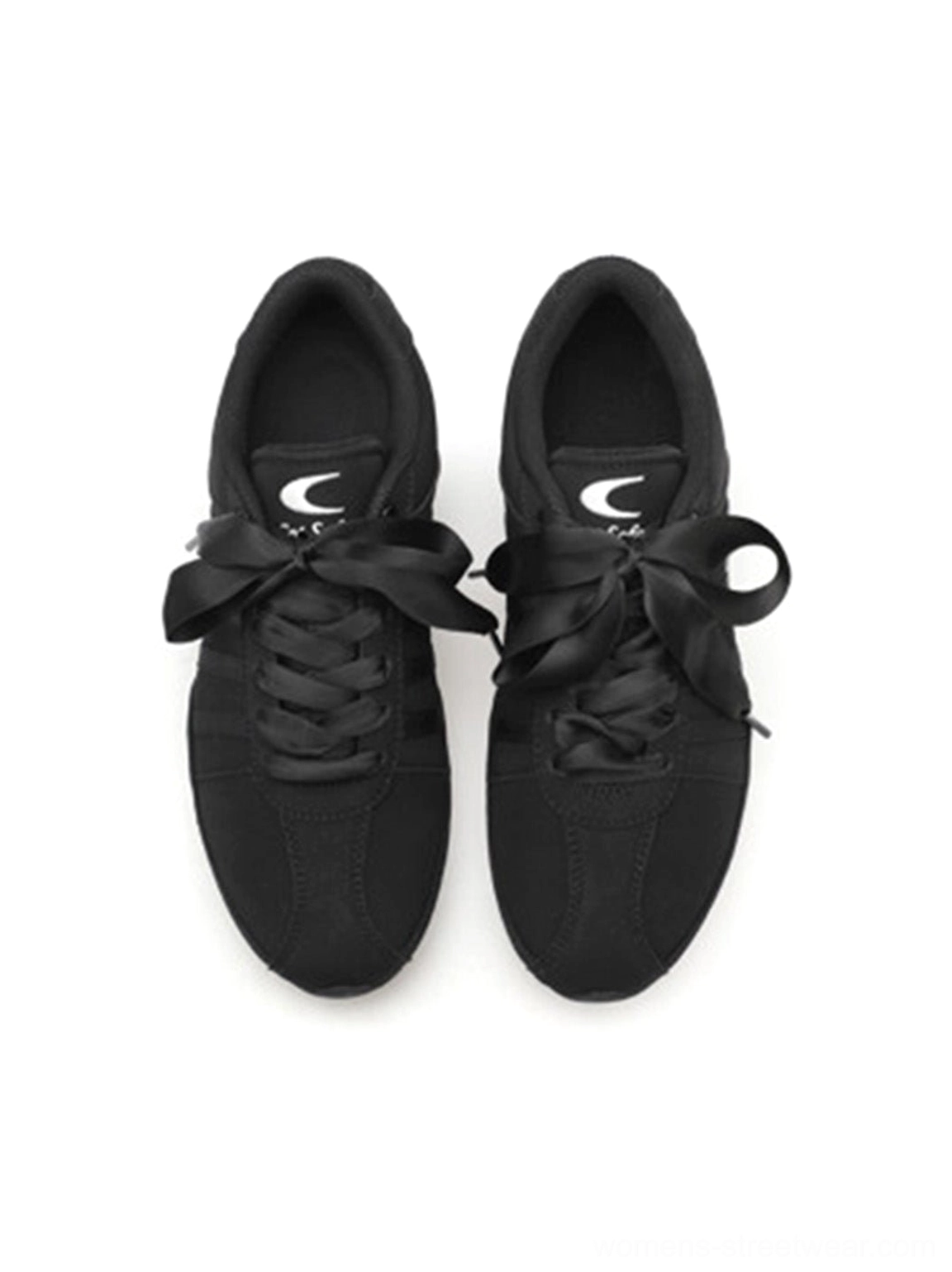 Black satin ribbon lace sneakers with rounded toes and tonal paneling for feminine Acubi-inspired streetwear outfits