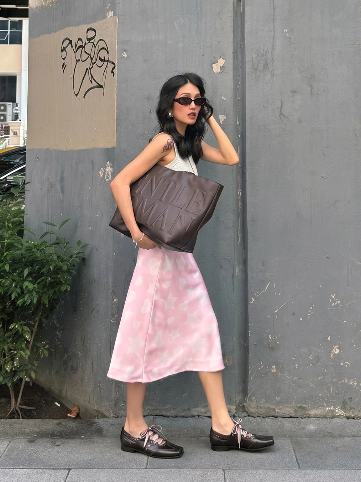 Side walking view of black satin ribbon square toe ballet trainer sneakers styled with a pink midi skirt