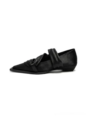 Black satin square-toe ballet flat with twisted crossover strap, layered bow detail, slim flat sole, and elegant women's streetwear silhouette
