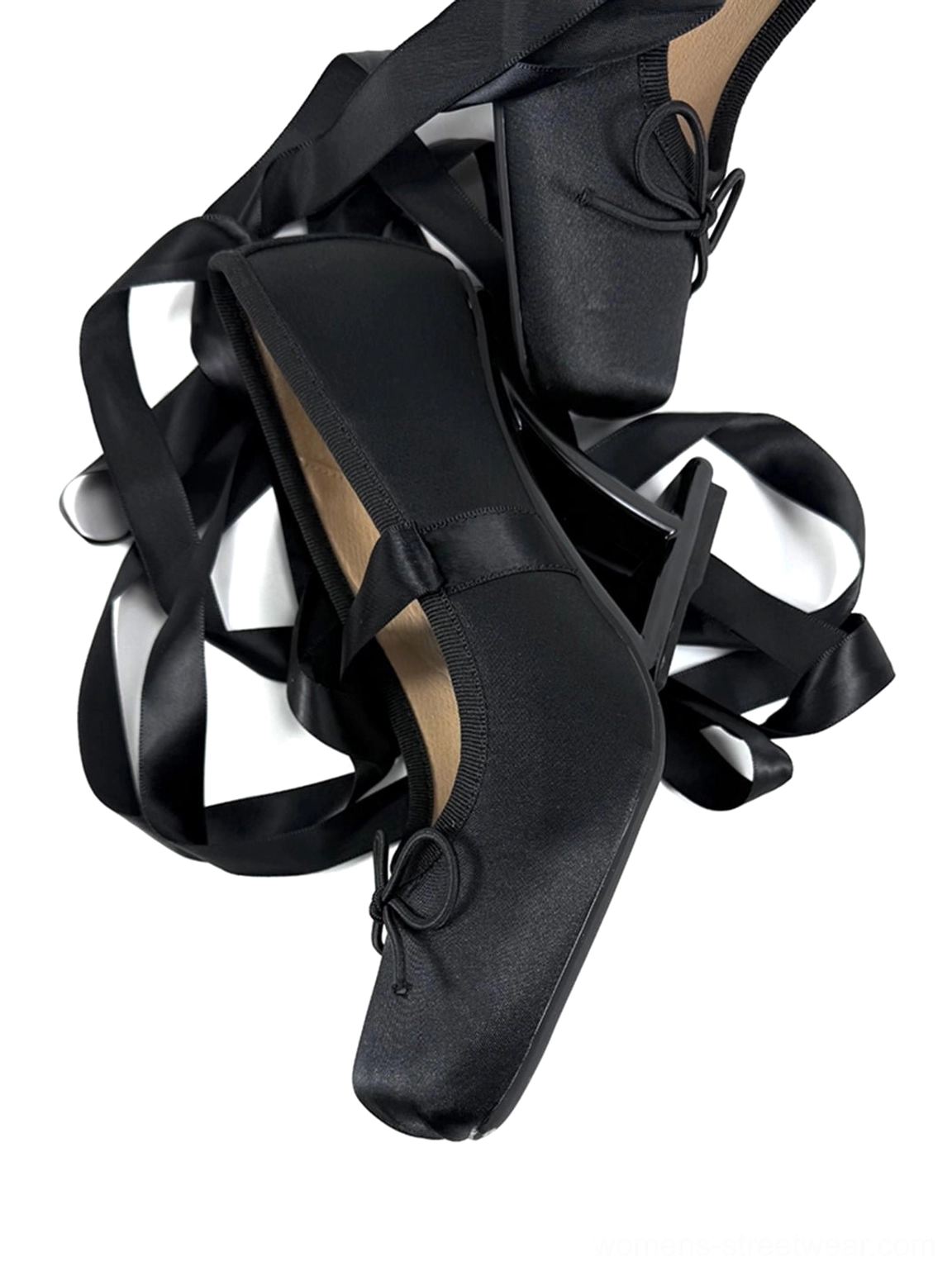 Contemporary black satin square toe bow pumps with double ribbon straps for Y2K, Seoul streetwear, and party outfits