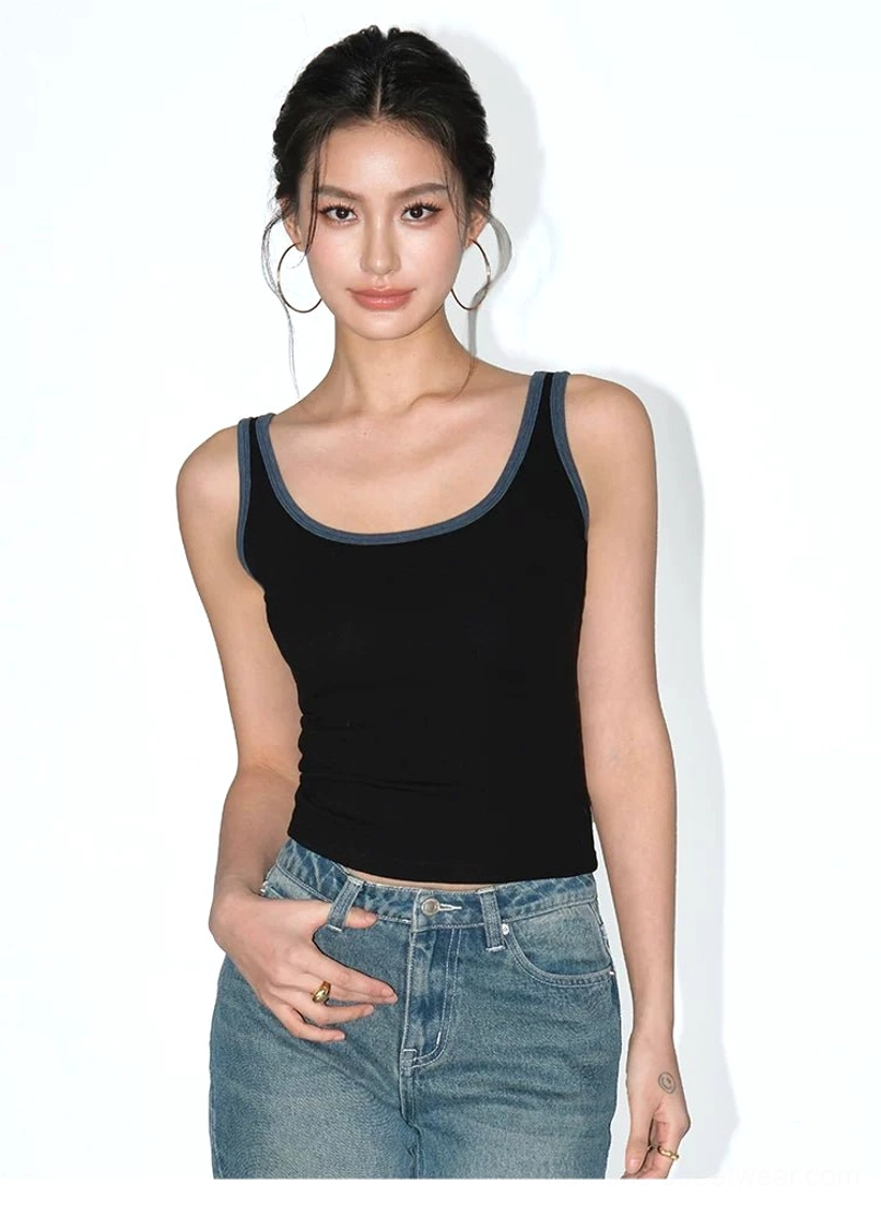 Black scoop neck ribbed knit tank top with dark gray contrast binding styled with light wash jeans and hoop earrings