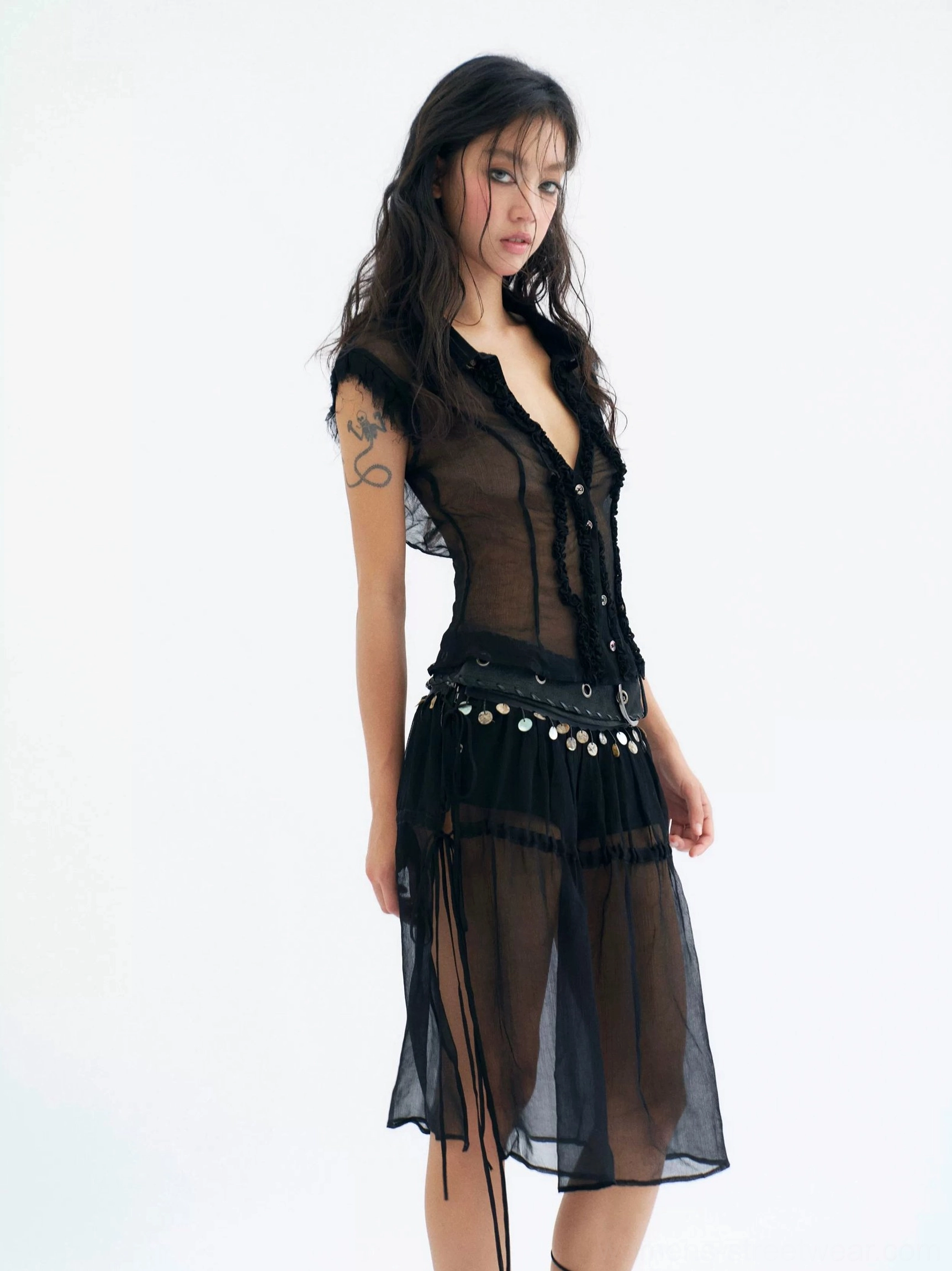 Black sheer coin belt midi skirt with gathered side drawstring and transparent side slit detail