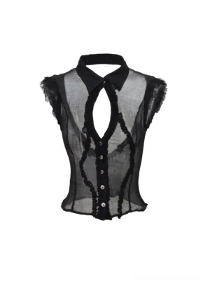 Flat lay of a black sheer fitted blouse with ruffled front placket, cap sleeves, turn-down collar, chest cutout, and metal button details