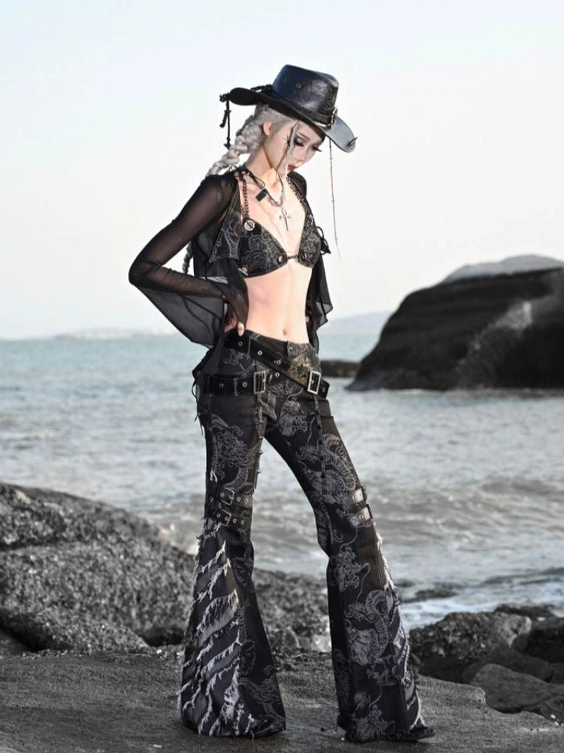 Detailed black sheer mesh cardigan outfit with dramatic flared sleeves, cropped styling, cross pendant, and gothic accessories