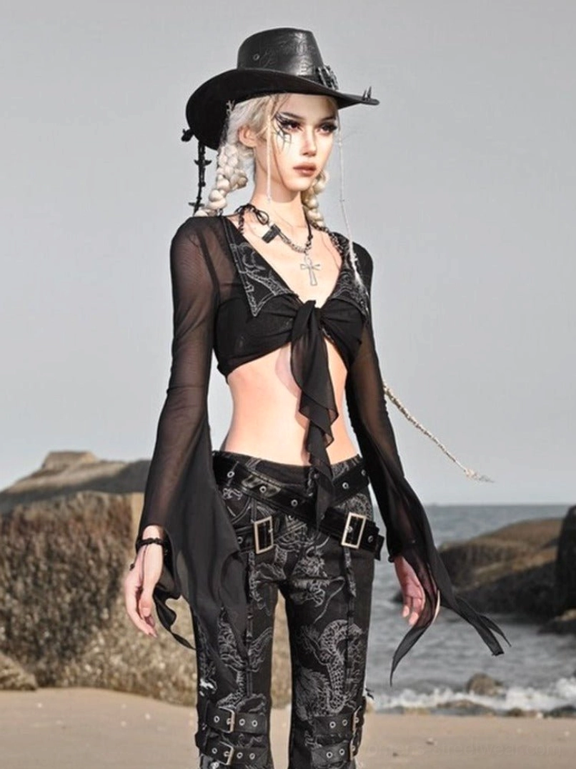 Black sheer mesh flare sleeve cardigan styled with wide-leg paisley pants for gothic western and Seoul streetwear fashion