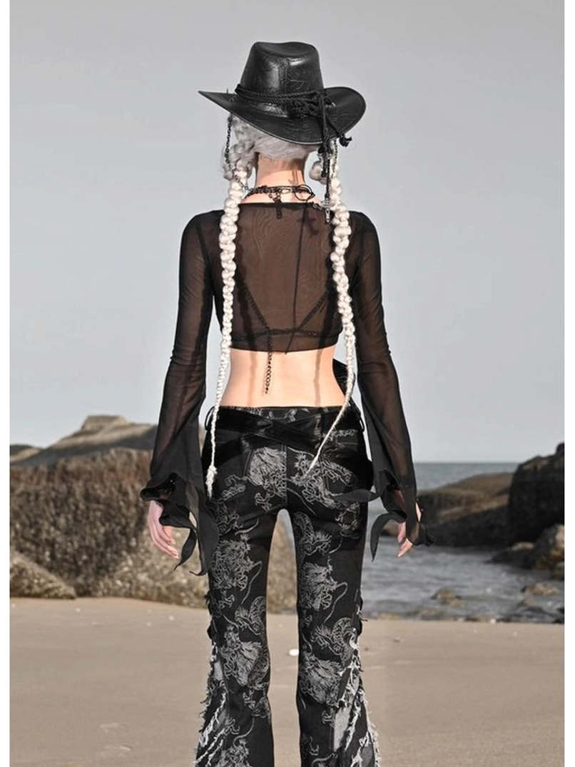 Black sheer mesh short cardigan with flare sleeves presented as a gothic Y2K streetwear layering piece