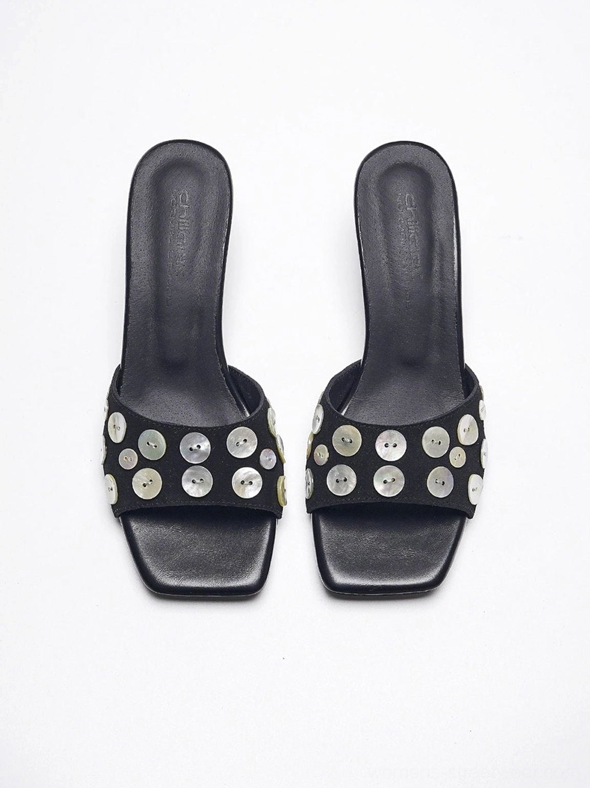 Black open toe sculpted heel mule sandals with reflective silver disc embellishments product view