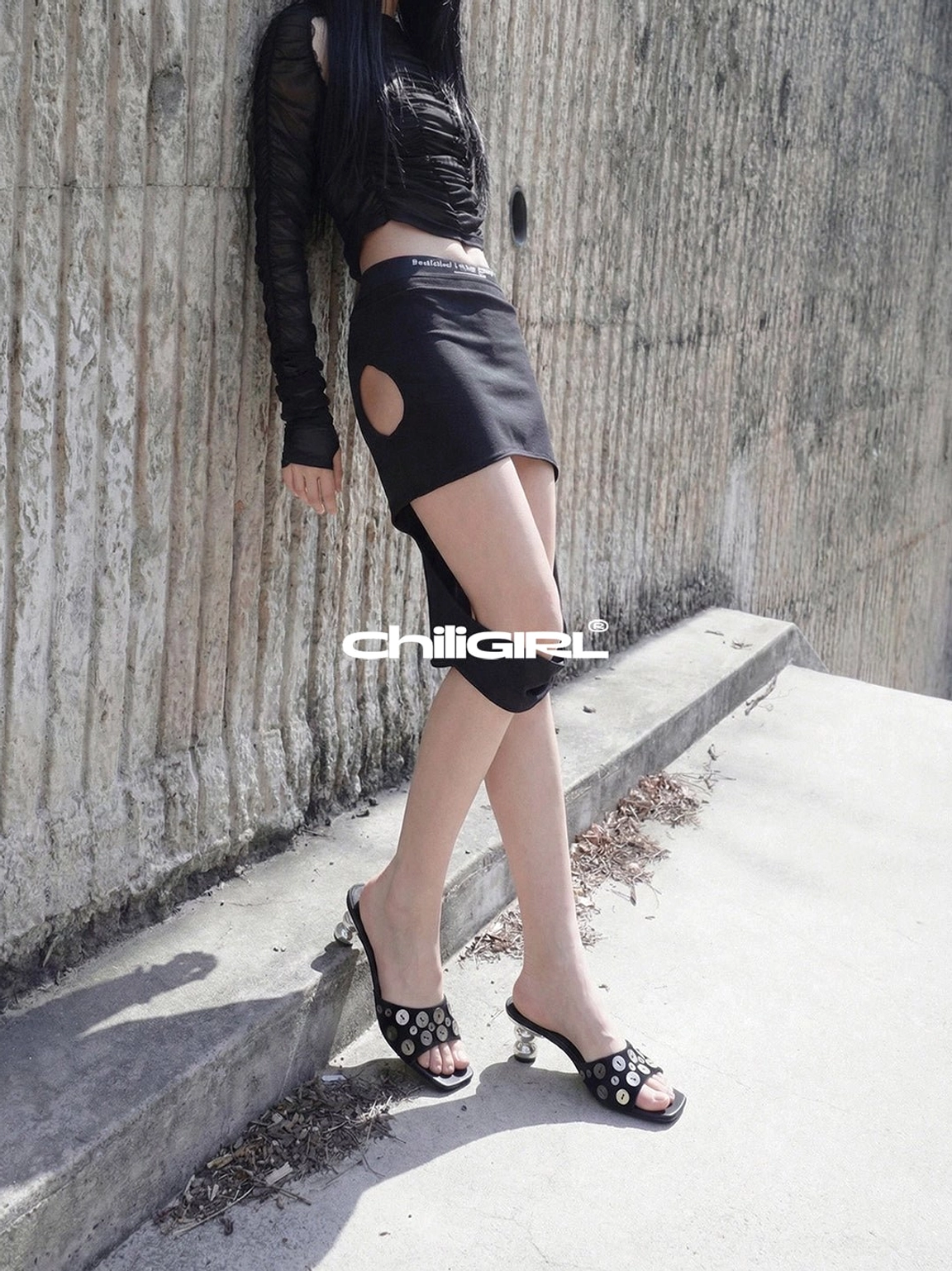 Black silver disc sculpted heel slide sandals product detail view showing embellished dual straps