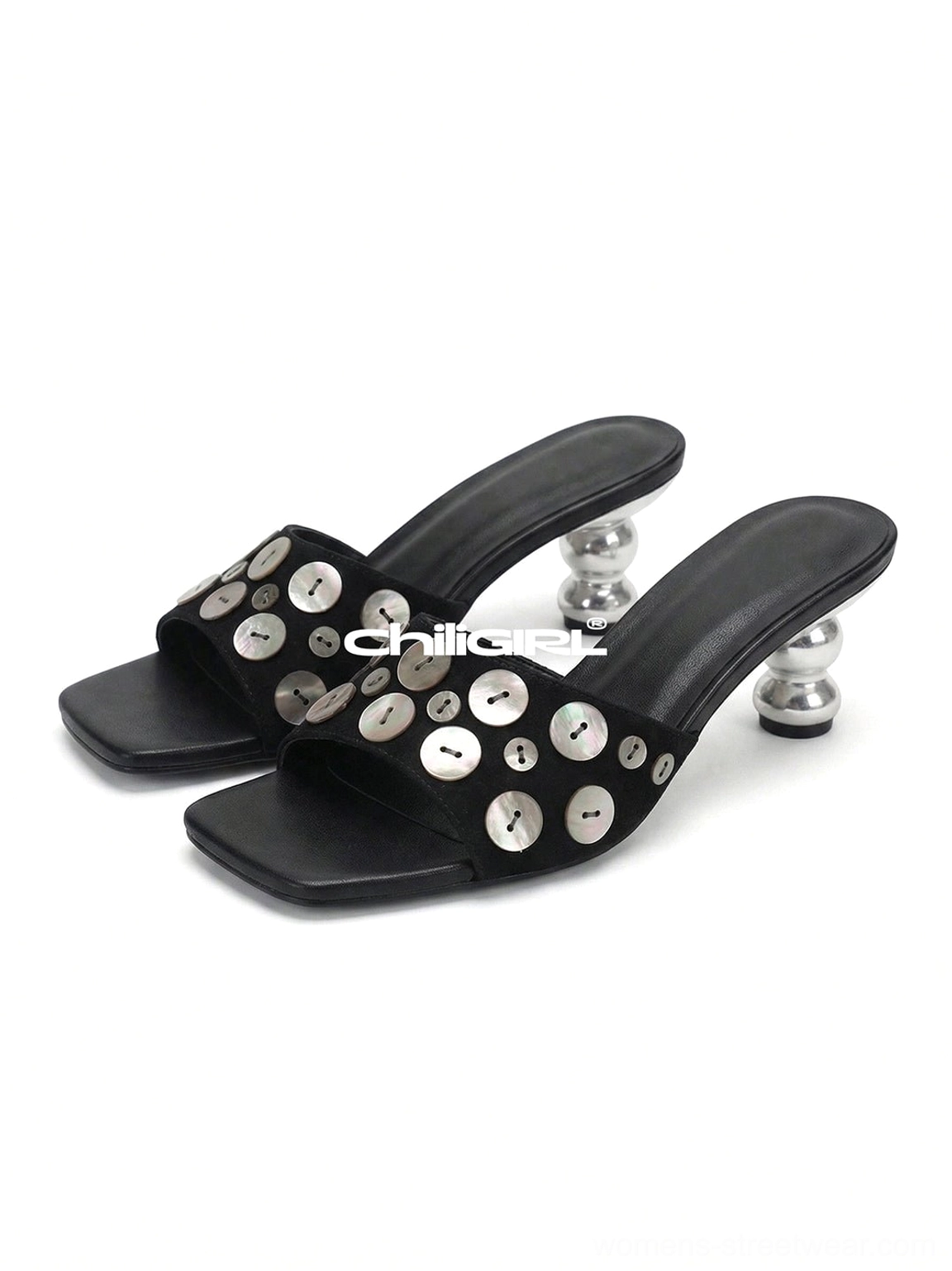 Black silver disc sculpted heel slide sandals fashion product image for Korean streetwear styling