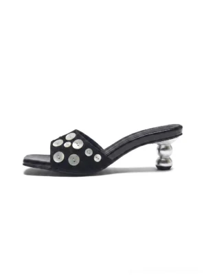 Black silver disc sculpted heel slide sandals side view with square open toe and backless mule silhouette
