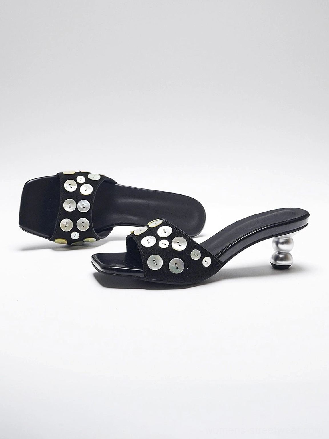 Black sculpted heel slide sandals with silver circular hardware for Y2K and Seoul night-out outfits
