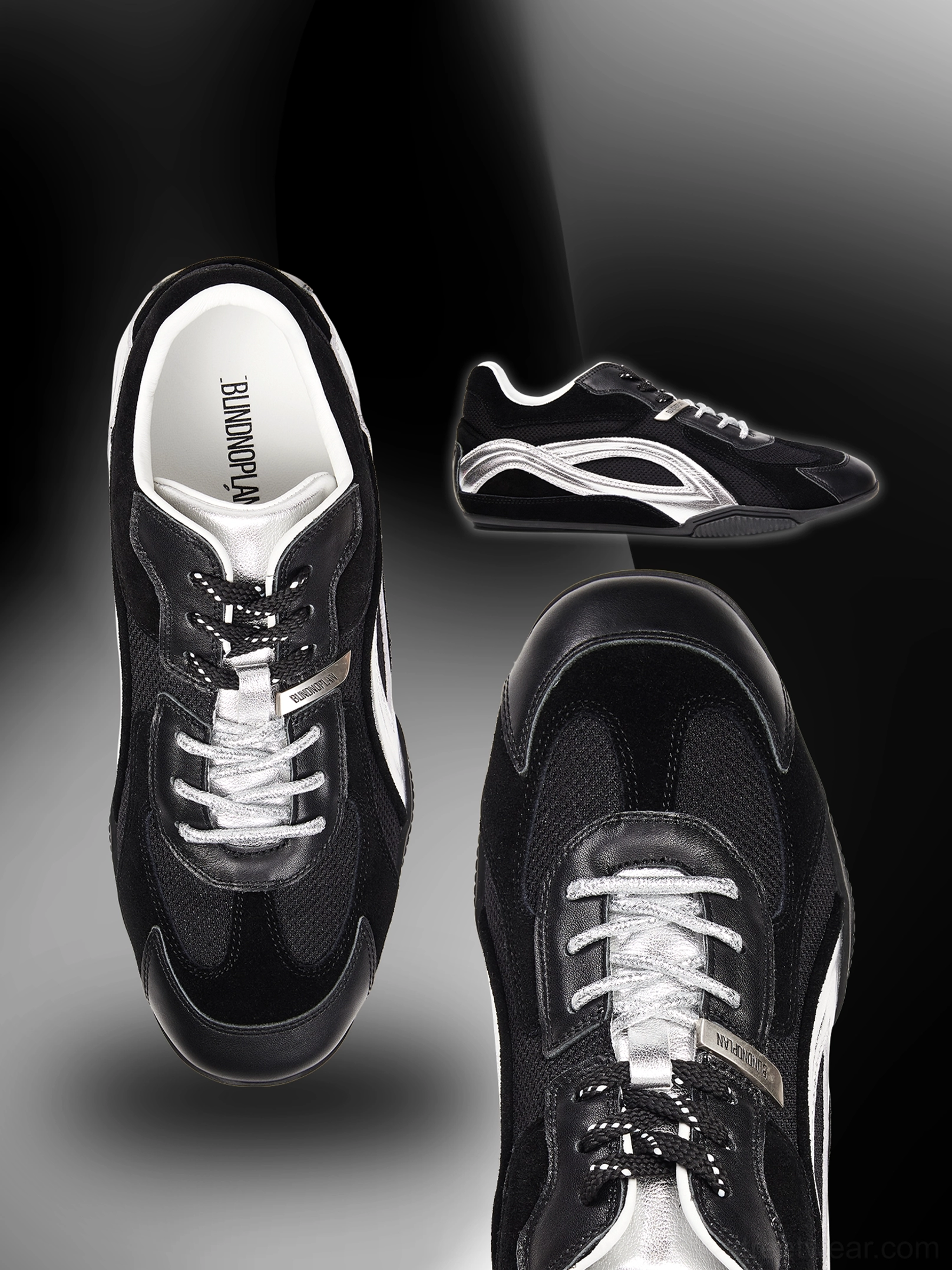 Black silver retro low-profile racing sneaker showing mesh and leather-look contrast upper, silver side stripes, lace-up detail, and insole view