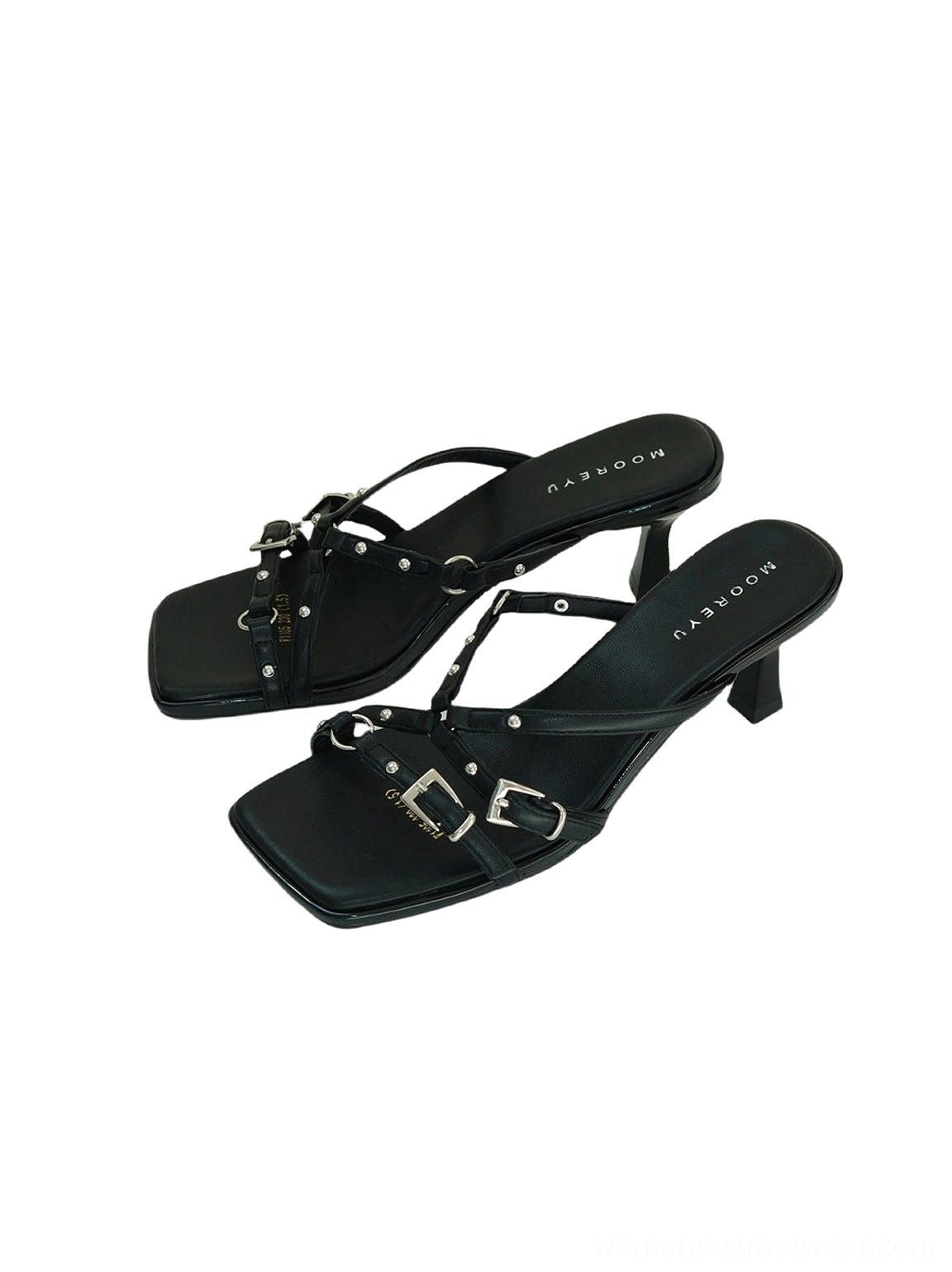 Black and silver square-toe open-toe heeled sandals product detail for contemporary women's streetwear