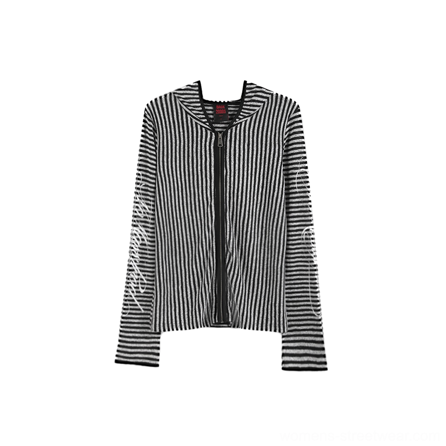 Flat lay of a black and silver vertical striped hooded zip-up shirt with full front zipper and script prints on both sleeves