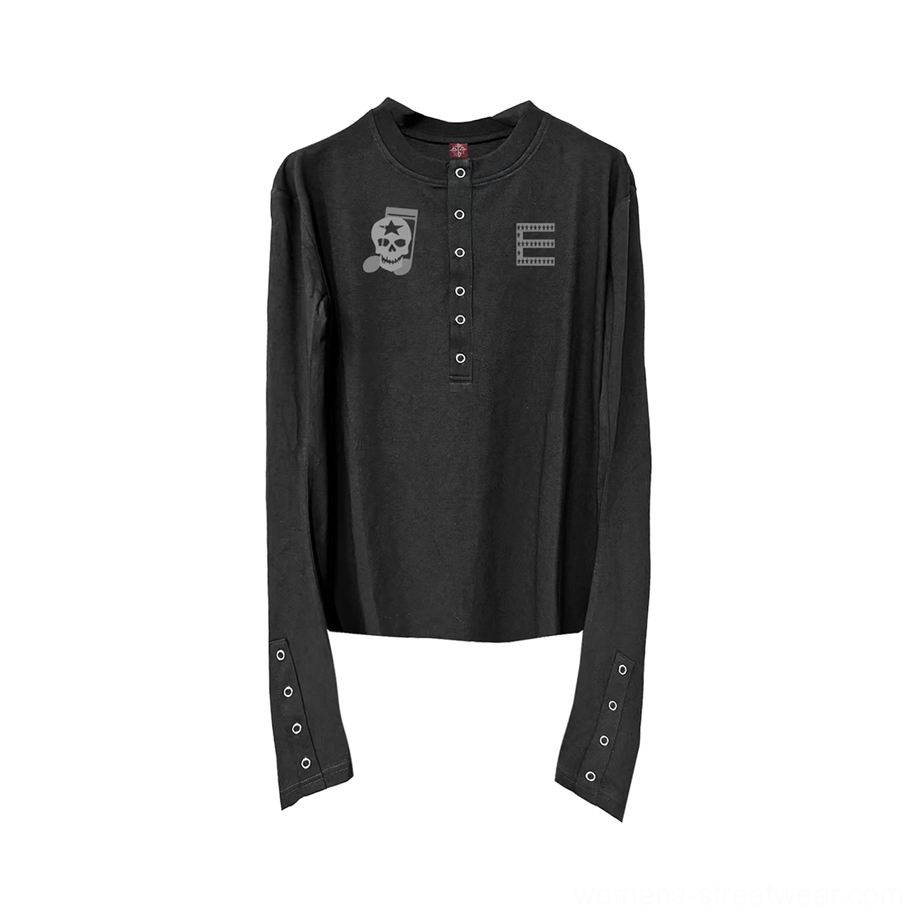 Flat lay view of the black skull Henley long sleeve streetwear top showing the half snap-button placket, tonal chest graphics, soft knit fabric, and extended cuffs