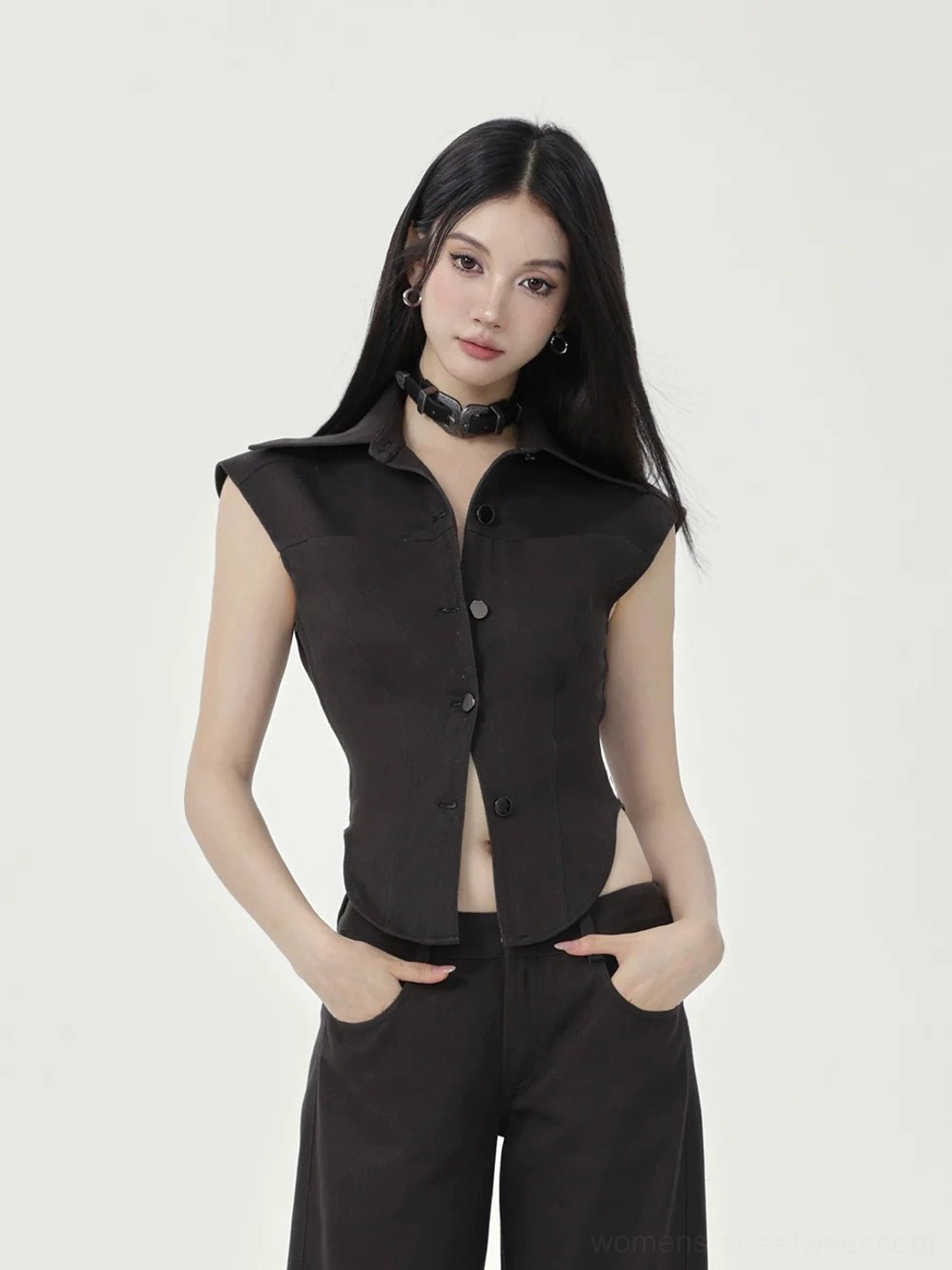 Black sleeveless cap sleeve crop top with button front and spread collar styled in a Korean streetwear outfit