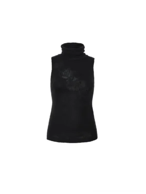 Black sleeveless turtleneck knit tank top with asymmetric tonal floral lace chest cutout flat lay front view