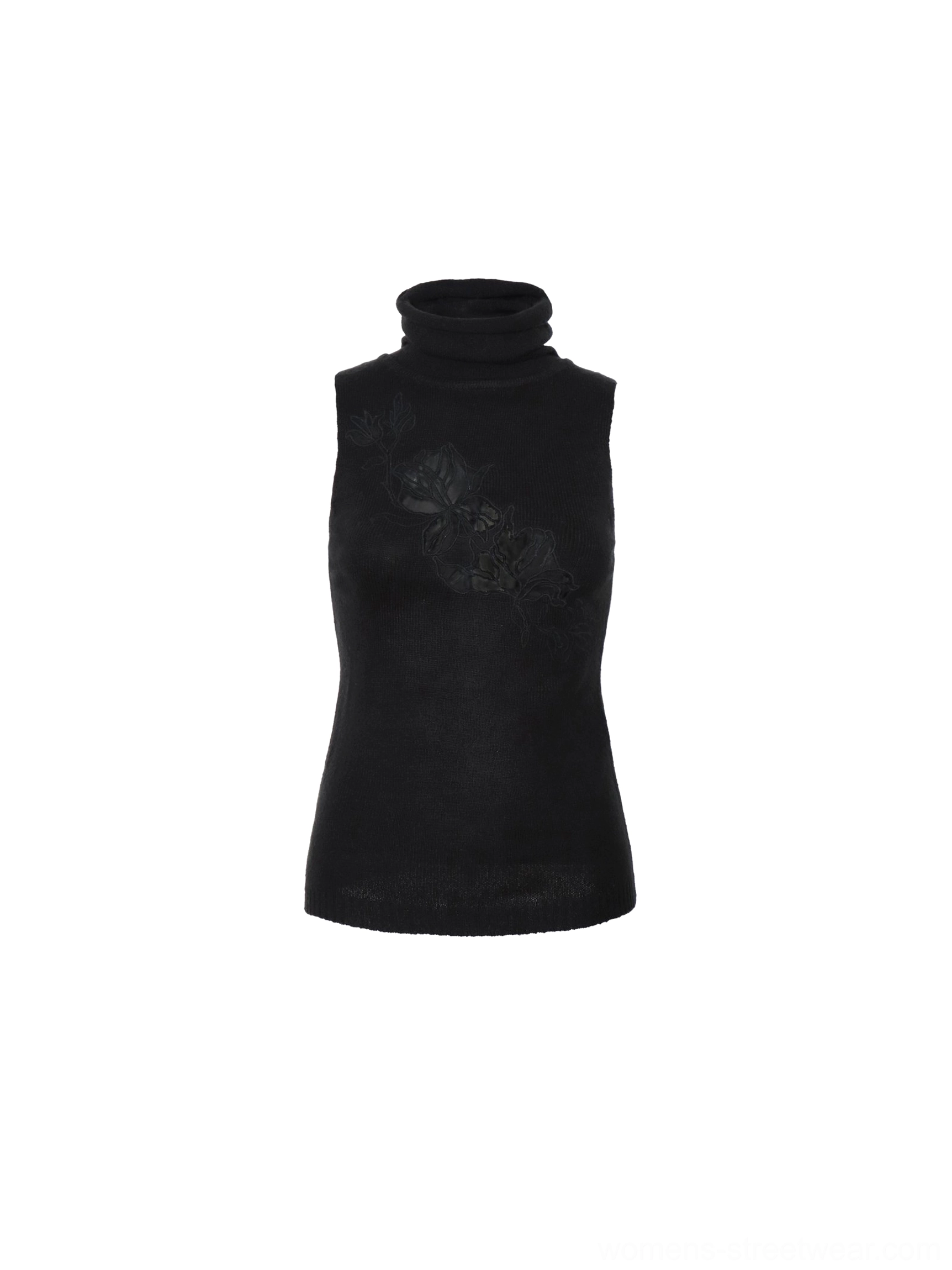 Black sleeveless turtleneck knit tank top with asymmetric tonal floral lace chest cutout flat lay front view