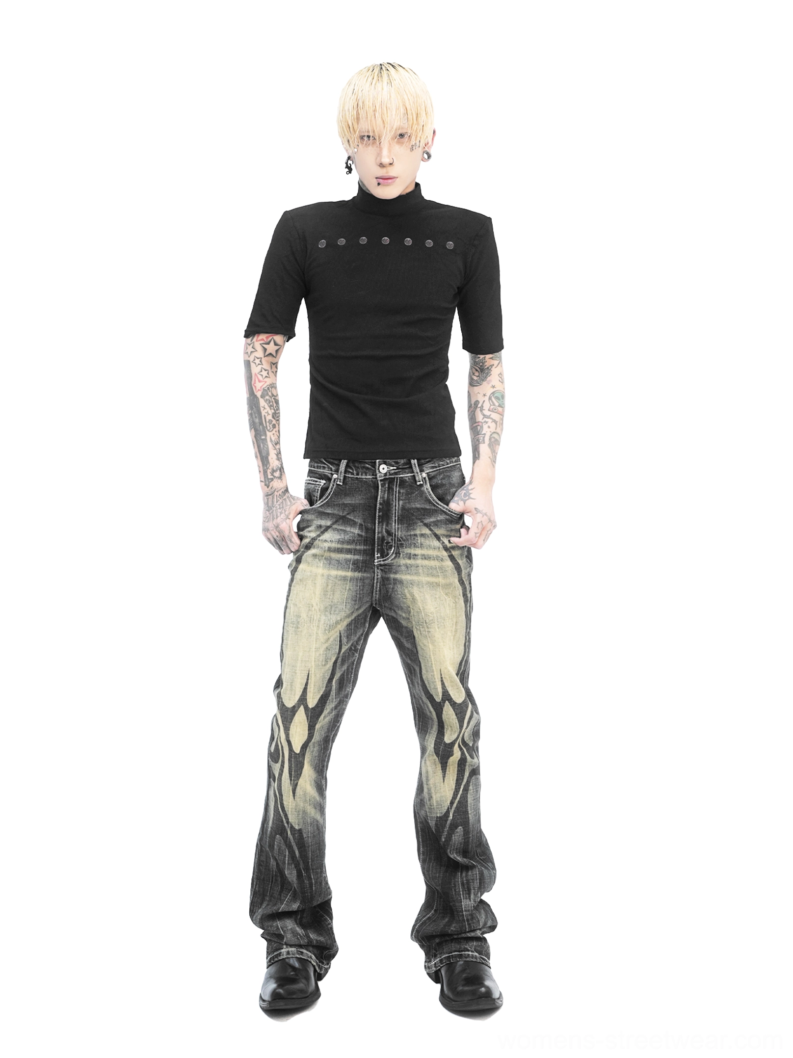 Front view of a slim fit black mock neck streetwear top with neckline studs styled with flame print wide leg jeans