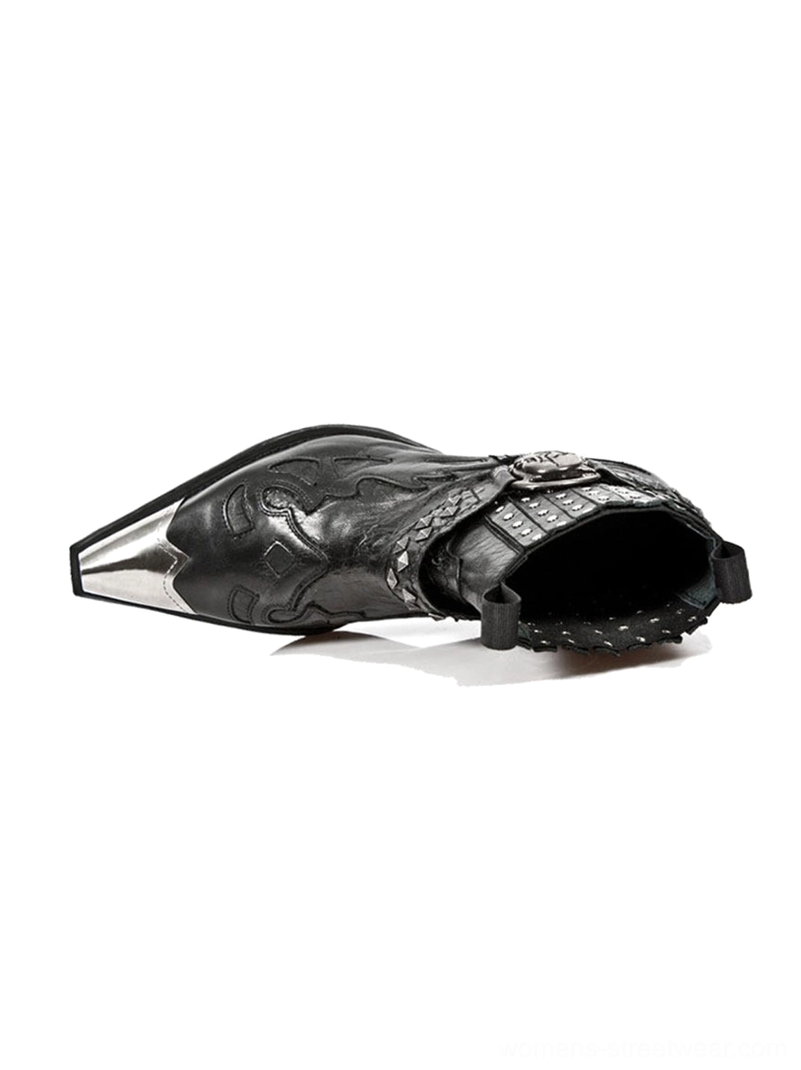 Top-side view of a black slip-on western Chelsea boot with exposed inner opening silver pointed toe cap and embossed leather